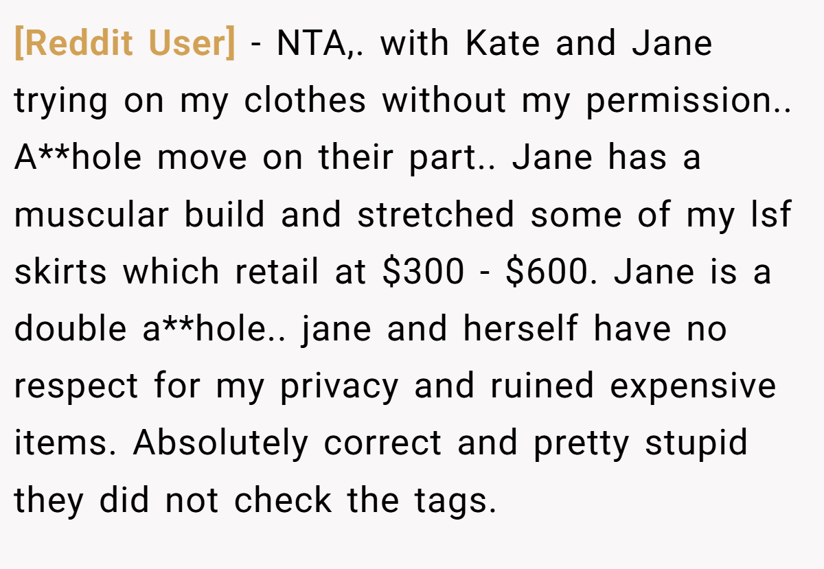 [Reddit User] − NTA,. with Kate and Jane trying on my clothes without my permission.. A**hole move on their part.. Jane has a muscular build and stretched some of my lsf skirts which retail at $300 - $600. Jane is a double a**hole.. jane and herself have no respect for my privacy and ruined expensive items. Absolutely correct and pretty stupid they did not check the tags.