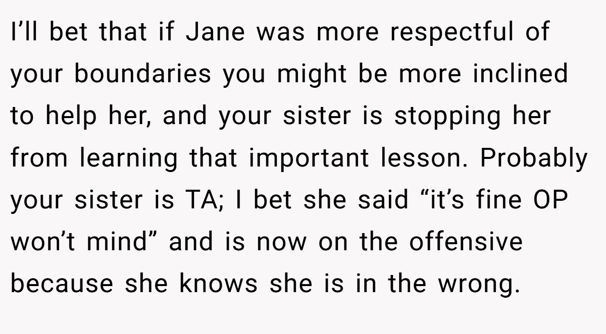 I’ll bet that if Jane was more respectful of your boundaries you might be more inclined to help her, and your sister is stopping her from learning that important lesson. Probably your sister is TA; I bet she said “it’s fine OP won’t mind” and is now on the offensive because she knows she is in the wrong.