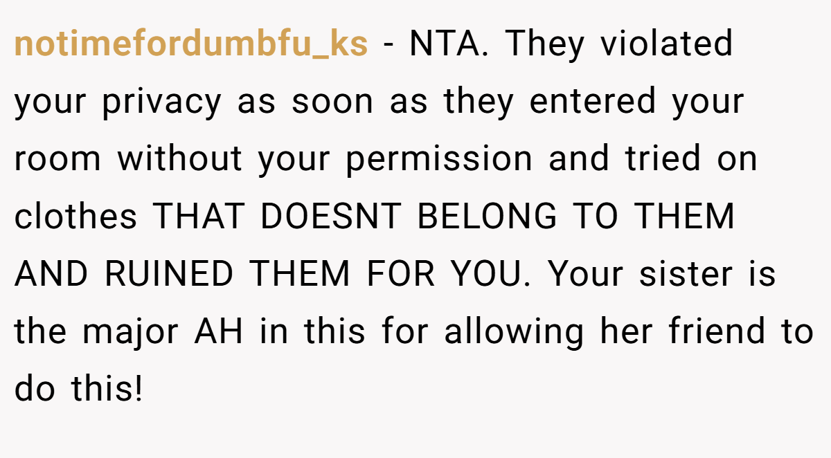 notimefordumbfu_ks − NTA. They violated your privacy as soon as they entered your room without your permission and tried on clothes THAT DOESNT BELONG TO THEM AND RUINED THEM FOR YOU. Your sister is the major AH in this for allowing her friend to do this!
