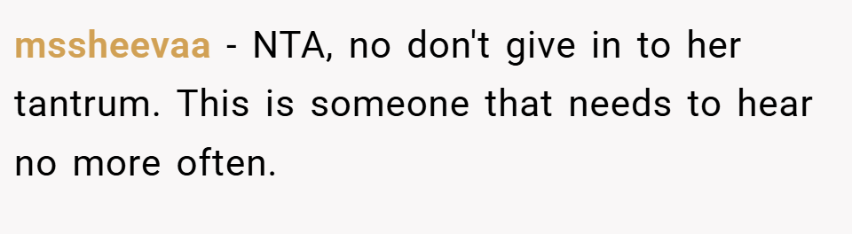 mssheevaa − NTA, no don't give in to her tantrum. This is someone that needs to hear no more often.