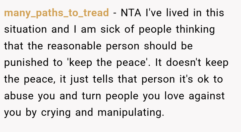 many_paths_to_tread − NTA I've lived in this situation and I am sick of people thinking that the reasonable person should be punished to 'keep the peace'. It doesn't keep the peace, it just tells that person it's ok to abuse you and turn people you love against you by crying and manipulating.