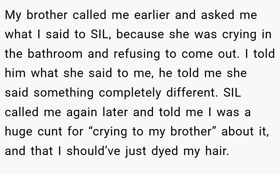 My brother called me earlier and asked me what I said to SIL, because she was crying in the bathroom and refusing to come out. I told him what she said to me, he told me she said something completely different. SIL called me again later and told me I was a huge cunt for “crying to my brother” about it, and that I should’ve just dyed my hair.