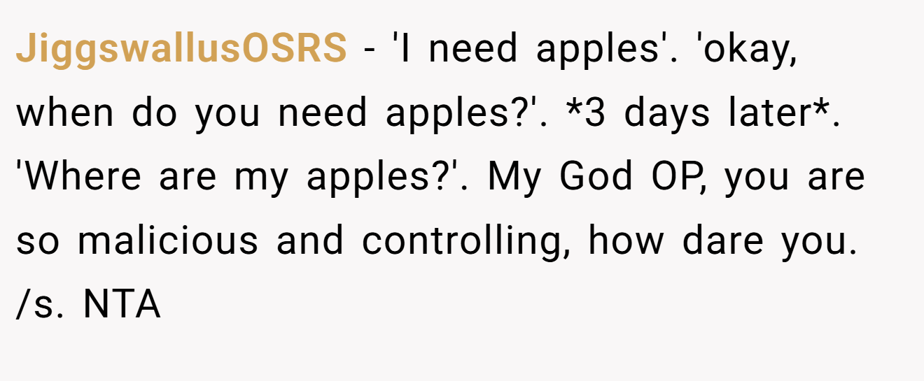 JiggswallusOSRS - 'I need apples'. 'okay, when do you need apples?'. *3 days later*. 'Where are my apples?'. My God OP, you are so malicious and controlling, how dare you. /s. NTA