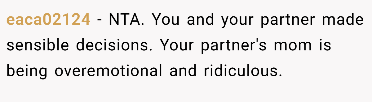 eaca02124 − NTA. You and your partner made sensible decisions. Your partner's mom is being overemotional and ridiculous.