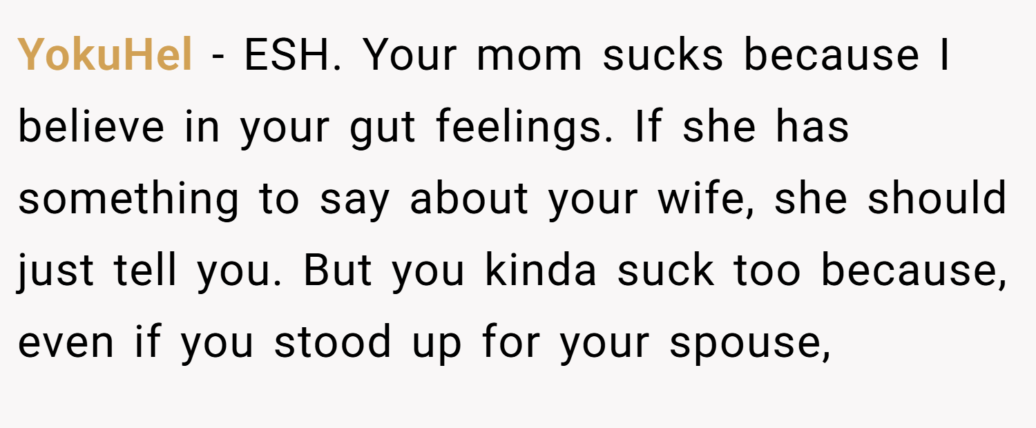 YokuHel − ESH. Your mom sucks because I believe in your gut feelings. If she has something to say about your wife, she should just tell you. But you kinda suck too because, even if you stood up for your spouse,