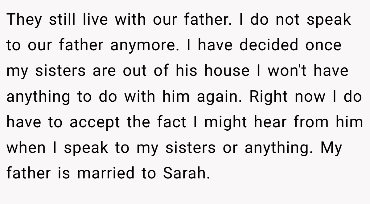 They still live with our father. I do not speak to our father anymore. I have decided once my sisters are out of his house I won't have anything to do with him again. Right now I do have to accept the fact I might hear from him when I speak to my sisters or anything. My father is married to Sarah.