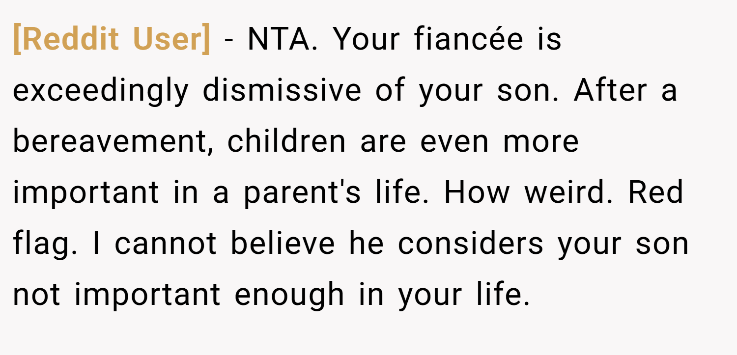[Reddit User] − NTA. Your fiancée is exceedingly dismissive of your son. After a bereavement, children are even more important in a parent's life. How weird. Red flag. I cannot believe he considers your son not important enough in your life.