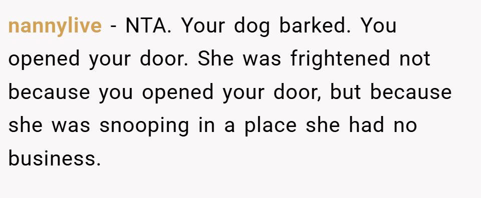 nannylive − NTA. Your dog barked. You opened your door. She was frightened not because you opened your door, but because she was snooping in a place she had no business.