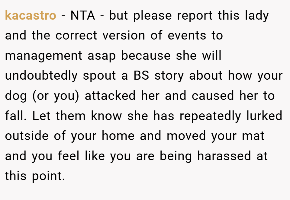 kacastro − NTA - but please report this lady and the correct version of events to management asap because she will undoubtedly spout a BS story about how your dog (or you) attacked her and caused her to fall. Let them know she has repeatedly lurked outside of your home and moved your mat and you feel like you are being harassed at this point.