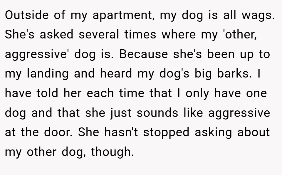 Outside of my apartment, my dog is all wags. She's asked several times where my 'other, aggressive' dog is. Because she's been up to my landing and heard my dog's big barks. I have told her each time that I only have one dog and that she just sounds like aggressive at the door. She hasn't stopped asking about my other dog, though.