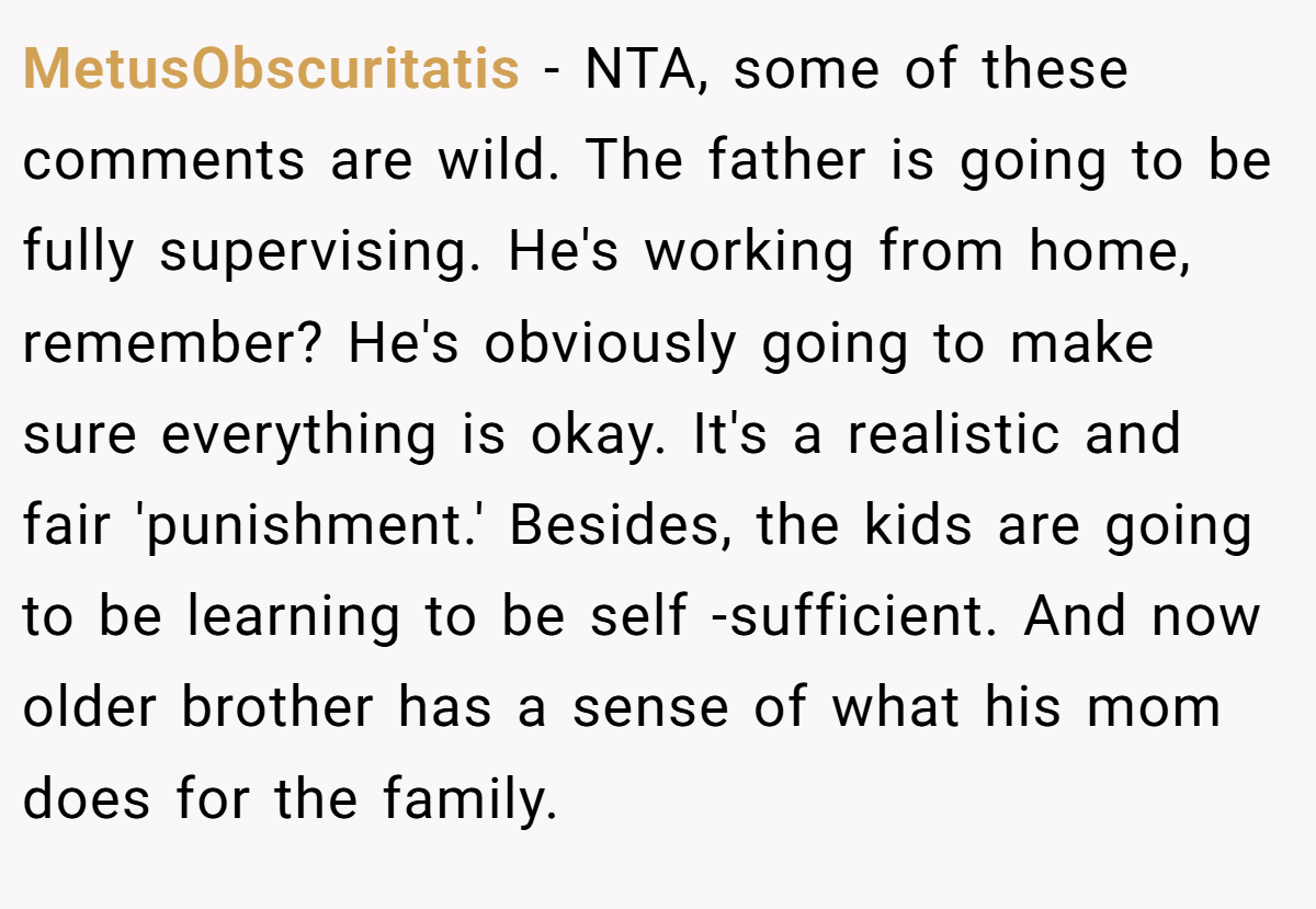 MetusObscuritatis − NTA, some of these comments are wild. The father is going to be fully supervising. He's working from home, remember? He's obviously going to make sure everything is okay. It's a realistic and fair 'punishment.' Besides, the kids are going to be learning to be self -sufficient. And now older brother has a sense of what his mom does for the family.