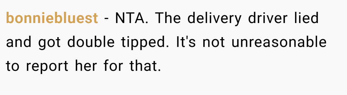 bonniebluest − NTA. The delivery driver lied and got double tipped. It's not unreasonable to report her for that.
