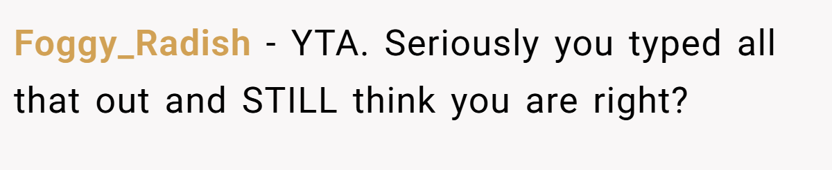 Foggy_Radish − YTA. Seriously you typed all that out and STILL think you are right?