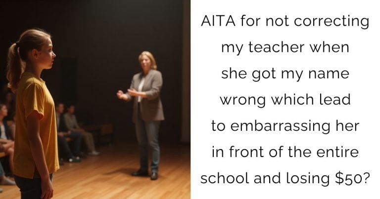 AITA for not correcting my teacher when she got my name wrong which lead to embarrassing her in front of the entire school and losing $50?