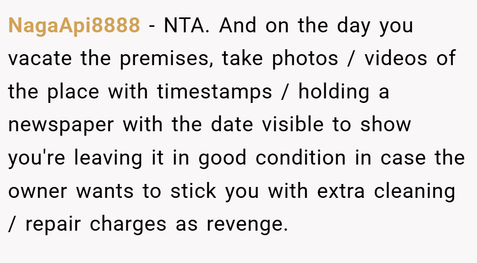NagaApi8888 − NTA. And on the day you vacate the premises, take photos / videos of the place with timestamps / holding a newspaper with the date visible to show you're leaving it in good condition in case the owner wants to stick you with extra cleaning / repair charges as revenge.