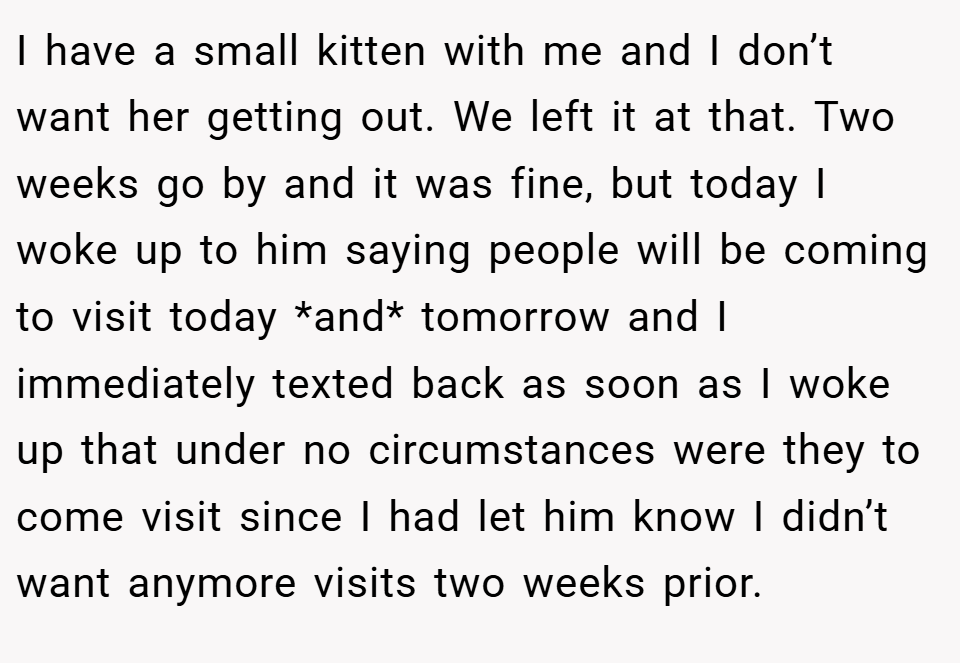 I have a small kitten with me and I don’t want her getting out. We left it at that. Two weeks go by and it was fine, but today I woke up to him saying people will be coming to visit today *and* tomorrow and I immediately texted back as soon as I woke up that under no circumstances were they to come visit since I had let him know I didn’t want anymore visits two weeks prior.