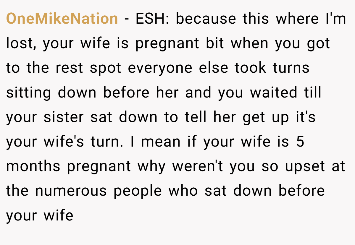 OneMikeNation − ESH: because this where I'm lost, your wife is pregnant bit when you got to the rest spot everyone else took turns sitting down before her and you waited till your sister sat down to tell her get up it's your wife's turn. I mean if your wife is 5 months pregnant why weren't you so upset at the numerous people who sat down before your wife