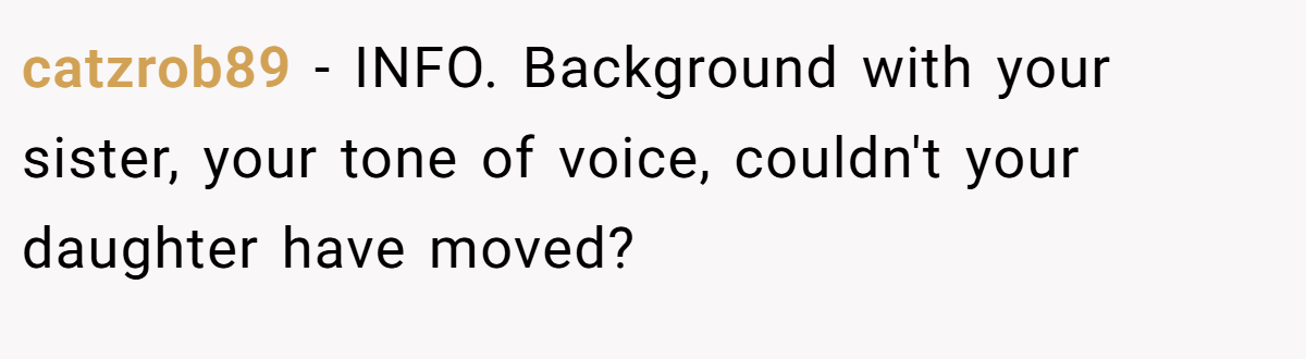 catzrob89 − INFO. Background with your sister, your tone of voice, couldn't your daughter have moved?