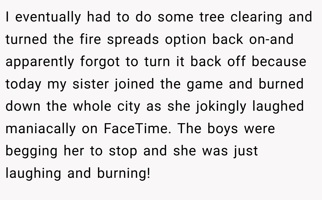 I eventually had to do some tree clearing and turned the fire spreads option back on-and apparently forgot to turn it back off because today my sister joined the game and burned down the whole city as she jokingly laughed maniacally on FaceTime. The boys were begging her to stop and she was just laughing and burning!