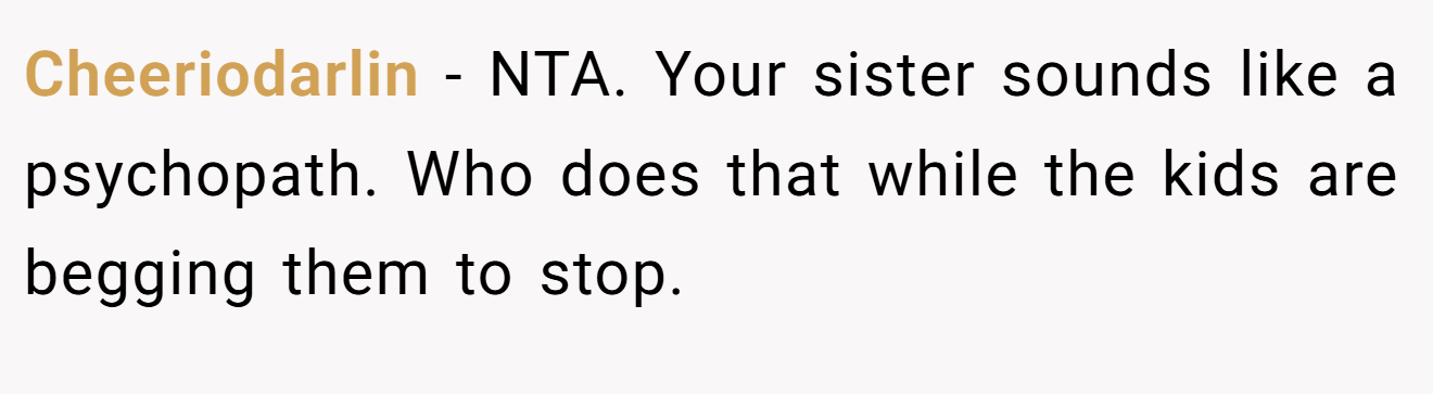 Cheeriodarlin - NTA. Your sister sounds like a psychopath. Who does that while the kids are begging them to stop.