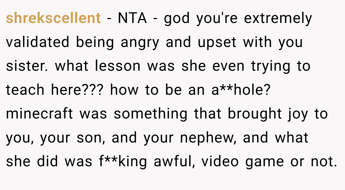 shrekscellent - NTA - god you're extremely validated being angry and upset with you sister. what lesson was she even trying to teach here??? how to be an a**hole? minecraft was something that brought joy to you, your son, and your nephew, and what she did was f**king awful, video game or not.
