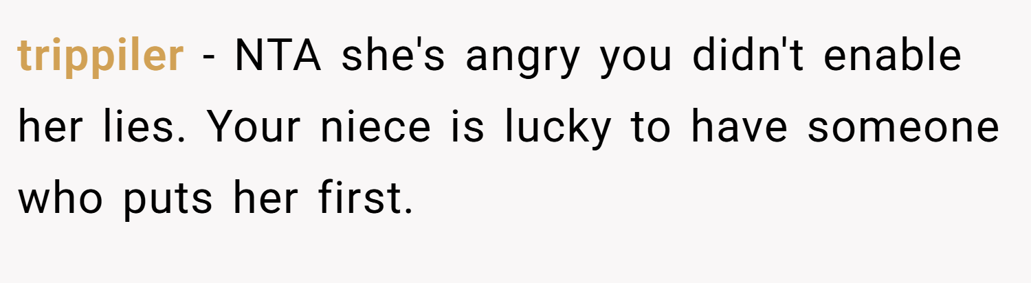 trippiler − NTA she's angry you didn't enable her lies. Your niece is lucky to have someone who puts her first.
