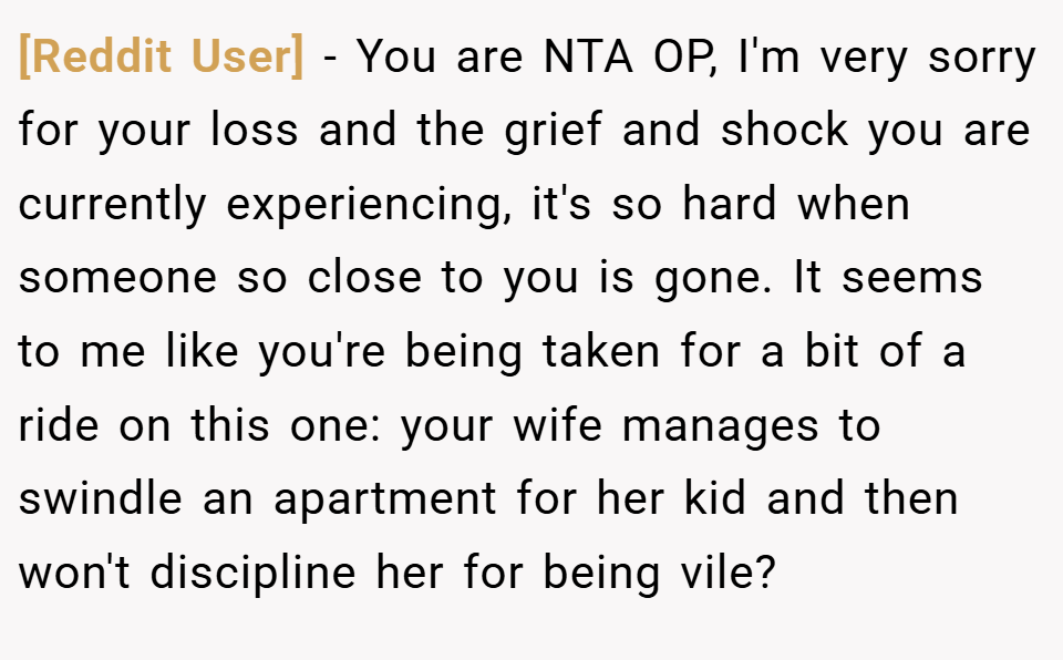 [Reddit User] − You are NTA OP, I'm very sorry for your loss and the grief and shock you are currently experiencing, it's so hard when someone so close to you is gone. It seems to me like you're being taken for a bit of a ride on this one: your wife manages to swindle an apartment for her kid and then won't discipline her for being vile?