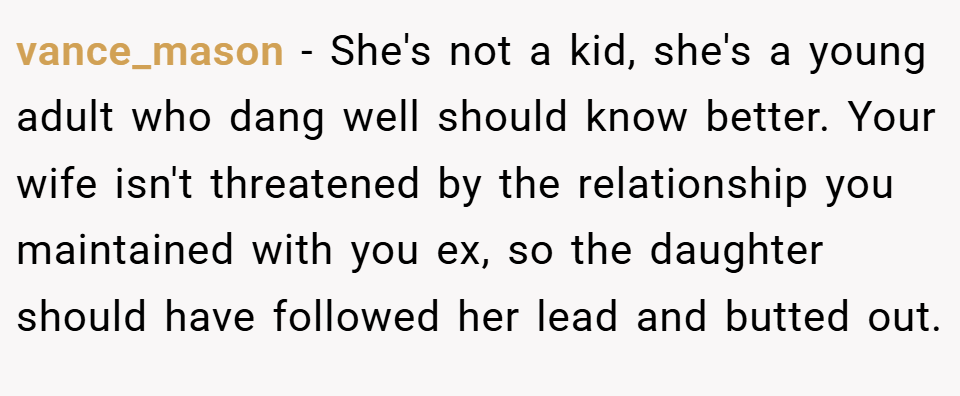 vance_mason − She's not a kid, she's a young adult who dang well should know better. Your wife isn't threatened by the relationship you maintained with you ex, so the daughter should have followed her lead and butted out.