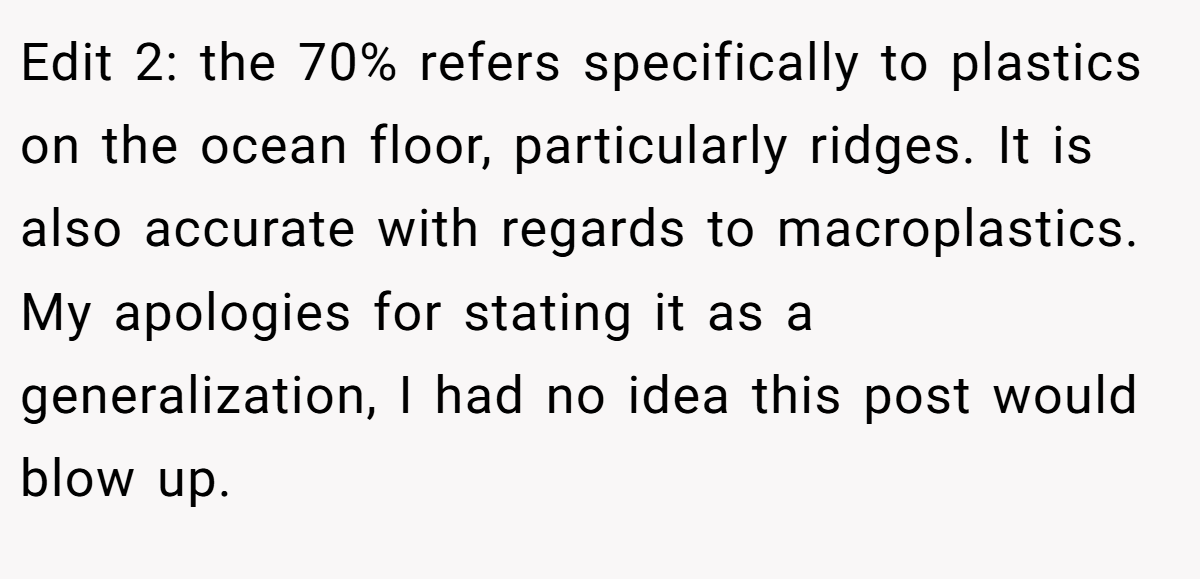 Edit 2: the 70% refers specifically to plastics on the ocean floor, particularly ridges. It is also accurate with regards to macroplastics. My apologies for stating it as a generalization, I had no idea this post would blow up.