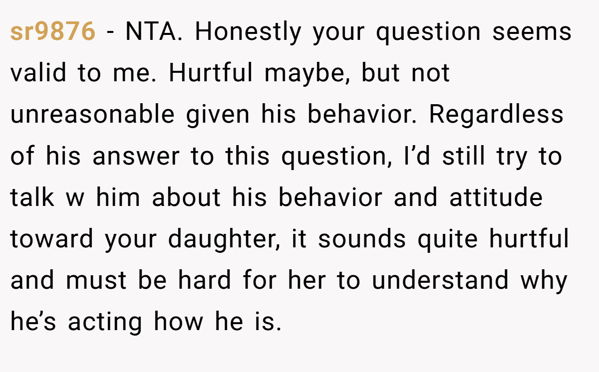 sr9876 − NTA. Honestly your question seems valid to me. Hurtful maybe, but not unreasonable given his behavior. Regardless of his answer to this question, I’d still try to talk w him about his behavior and attitude toward your daughter, it sounds quite hurtful and must be hard for her to understand why he’s acting how he is.