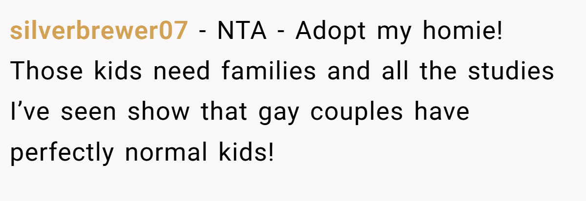 silverbrewer07 − NTA - Adopt my homie! Those kids need families and all the studies I’ve seen show that gay couples have perfectly normal kids!