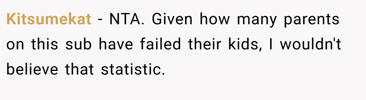Kitsumekat − NTA. Given how many parents on this sub have failed their kids, I wouldn't believe that statistic.