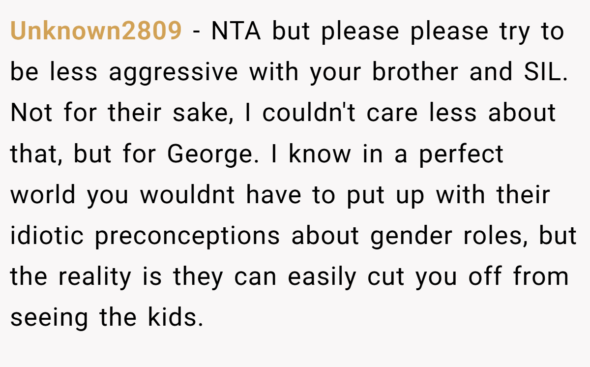 Unknown2809 − NTA but please please try to be less aggressive with your brother and SIL. Not for their sake, I couldn't care less about that, but for George. I know in a perfect world you wouldnt have to put up with their idiotic preconceptions about gender roles, but the reality is they can easily cut you off from seeing the kids.