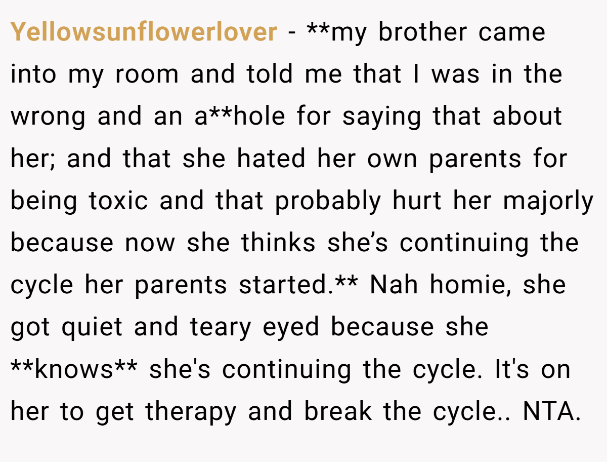 Yellowsunflowerlover − **my brother came into my room and told me that I was in the wrong and an a**hole for saying that about her; and that she hated her own parents for being toxic and that probably hurt her majorly because now she thinks she’s continuing the cycle her parents started.** Nah homie, she got quiet and teary eyed because she **knows** she's continuing the cycle. It's on her to get therapy and break the cycle.. NTA.