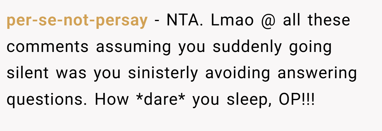 per-se-not-persay - NTA. Lmao @ all these comments assuming you suddenly going silent was you sinisterly avoiding answering questions. How *dare* you sleep, OP!!!