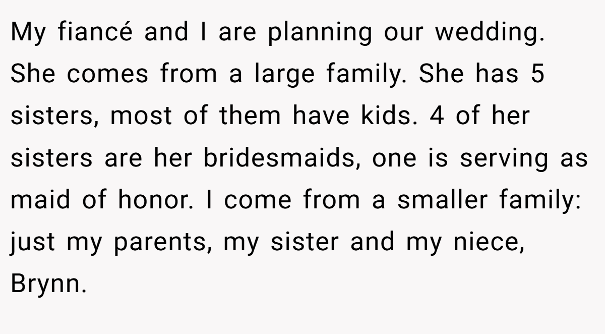 My fiancé and I are planning our wedding. She comes from a large family. She has 5 sisters, most of them have kids. 4 of her sisters are her bridesmaids, one is serving as maid of honor. I come from a smaller family: just my parents, my sister and my niece, Brynn.