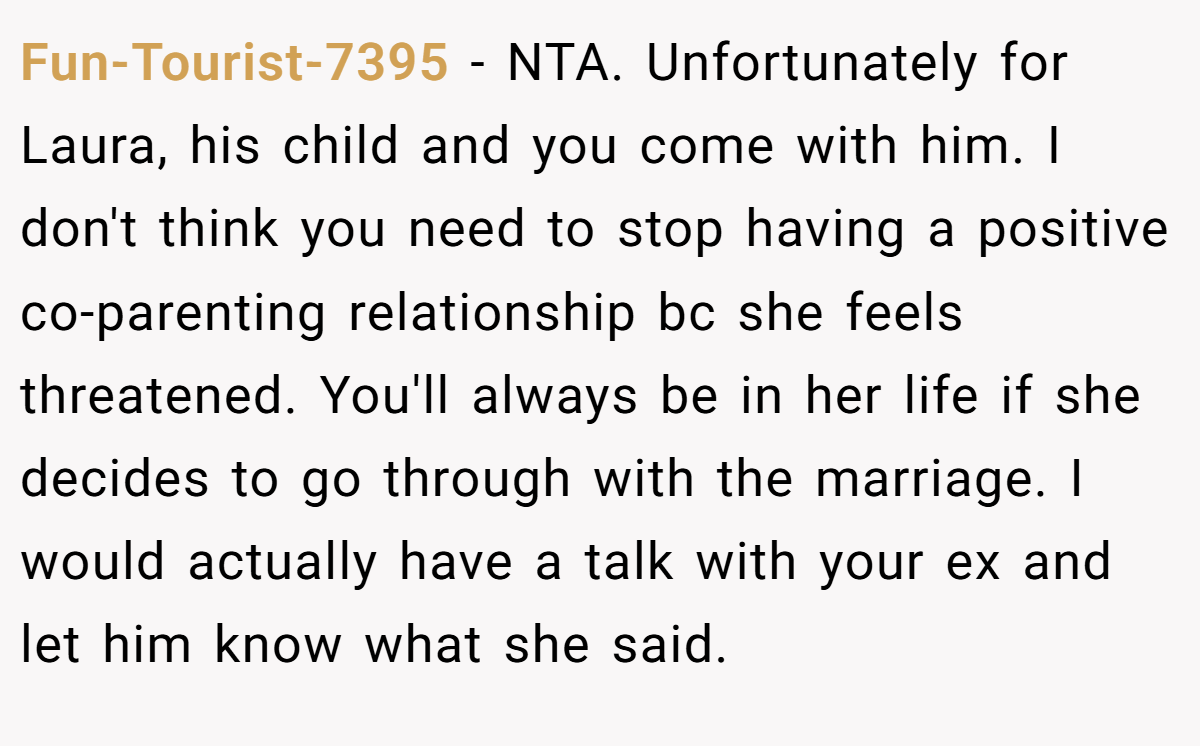 Fun-Tourist-7395 − NTA. Unfortunately for Laura, his child and you come with him. I don't think you need to stop having a positive co-parenting relationship bc she feels threatened. You'll always be in her life if she decides to go through with the marriage. I would actually have a talk with your ex and let him know what she said.