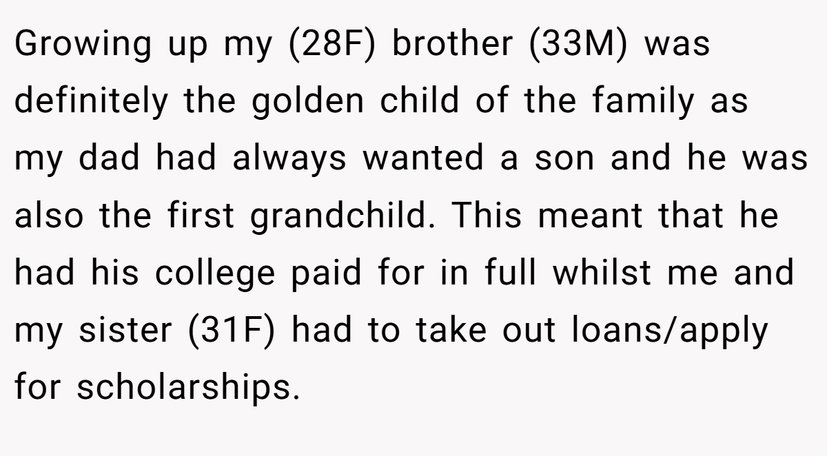 Growing up my (28F) brother (33M) was definitely the golden child of the family as my dad had always wanted a son and he was also the first grandchild. This meant that he had his college paid for in full whilst me and my sister (31F) had to take out loans/apply for scholarships.
