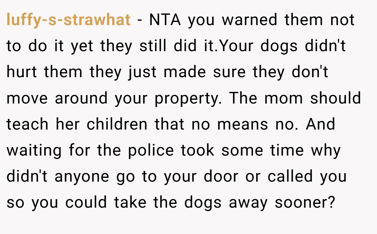 luffy-s-strawhat − NTA you warned them not to do it yet they still did it.Your dogs didn't hurt them they just made sure they don't move around your property. The mom should teach her children that no means no. And waiting for the police took some time why didn't anyone go to your door or called you so you could take the dogs away sooner?