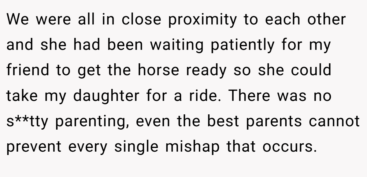 We were all in close proximity to each other and she had been waiting patiently for my friend to get the horse ready so she could take my daughter for a ride. There was no s**tty parenting, even the best parents cannot prevent every single mishap that occurs.