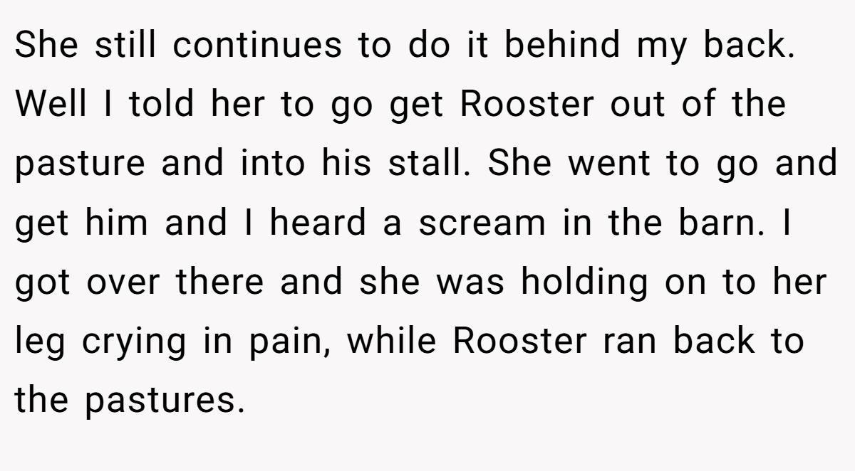 She still continues to do it behind my back. Well I told her to go get Rooster out of the pasture and into his stall. She went to go and get him and I heard a scream in the barn. I got over there and she was holding on to her leg crying in pain, while Rooster ran back to the pastures.