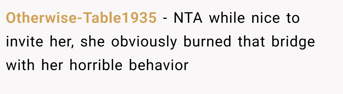 Otherwise-Table1935 − NTA while nice to invite her, she obviously burned that bridge with her horrible behavior