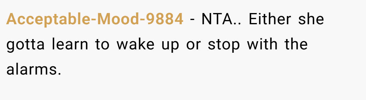 Acceptable-Mood-9884 - NTA.. Either she gotta learn to wake up or stop with the alarms.