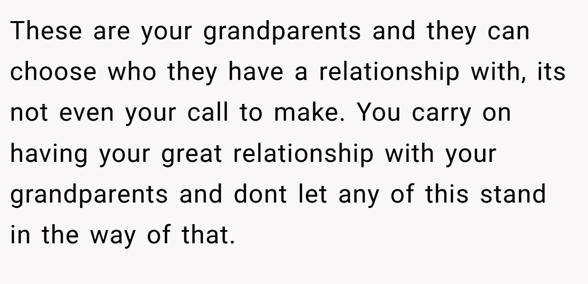 These are your grandparents and they can choose who they have a relationship with, its not even your call to make. You carry on having your great relationship with your grandparents and dont let any of this stand in the way of that.