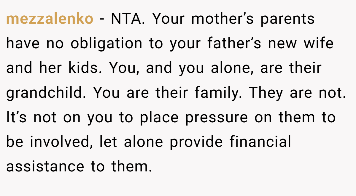 mezzalenko − NTA. Your mother’s parents have no obligation to your father’s new wife and her kids. You, and you alone, are their grandchild. You are their family. They are not. It’s not on you to place pressure on them to be involved, let alone provide financial assistance to them.