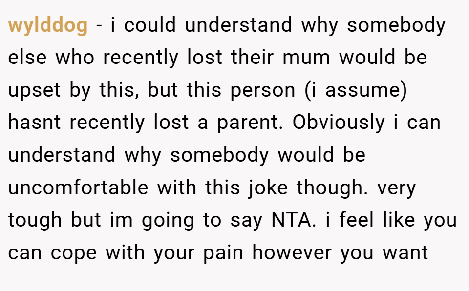 wylddog − i could understand why somebody else who recently lost their mum would be upset by this, but this person (i assume) hasnt recently lost a parent. Obviously i can understand why somebody would be uncomfortable with this joke though. very tough but im going to say NTA. i feel like you can cope with your pain however you want