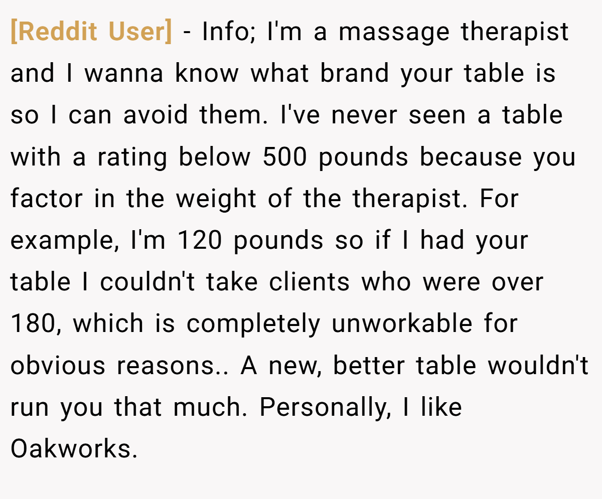 [Reddit User] − Info; I'm a massage therapist and I wanna know what brand your table is so I can avoid them. I've never seen a table with a rating below 500 pounds because you factor in the weight of the therapist. For example, I'm 120 pounds so if I had your table I couldn't take clients who were over 180, which is completely unworkable for obvious reasons.. A new, better table wouldn't run you that much. Personally, I like Oakworks.