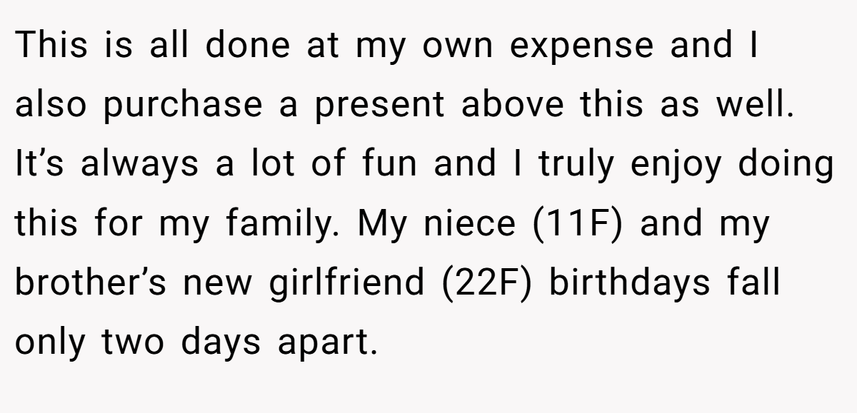 This is all done at my own expense and I also purchase a present above this as well. It’s always a lot of fun and I truly enjoy doing this for my family. My niece (11F) and my brother’s new girlfriend (22F) birthdays fall only two days apart.