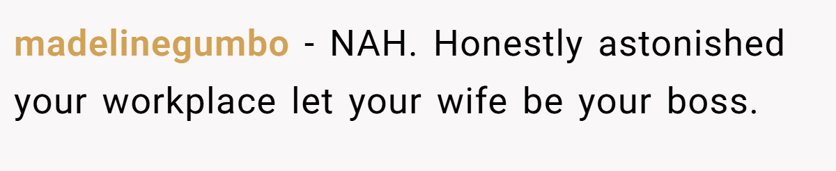 madelinegumbo − NAH. Honestly astonished your workplace let your wife be your boss.