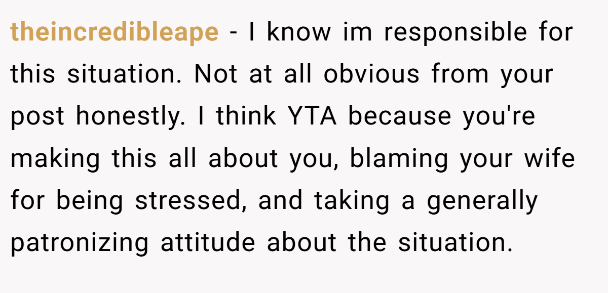 theincredibleape − I know im responsible for this situation. Not at all obvious from your post honestly. I think YTA because you're making this all about you, blaming your wife for being stressed, and taking a generally patronizing attitude about the situation.